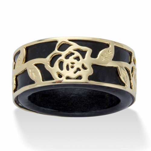 Goldtone over Sterling Silver Genuine Black Jade Floral Overlay Ring