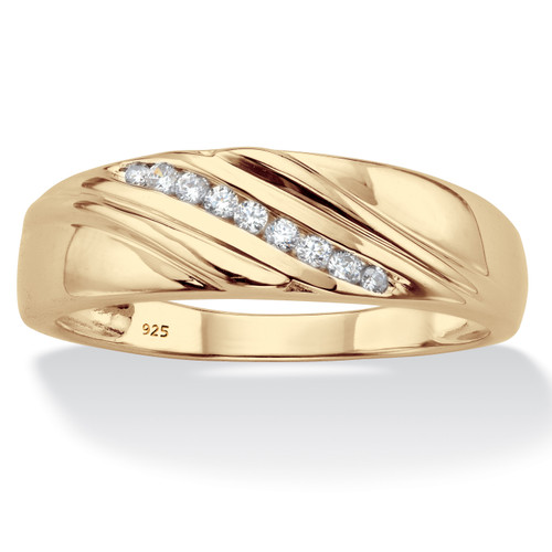 Men's Round Diamond Diagonal Grooved Ring 1/8 TCW in 18k Gold-plated Sterling Silver