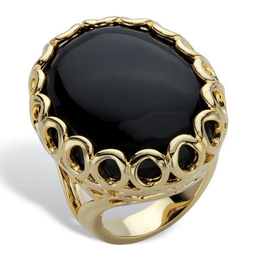 Oval Simulated Black Onyx Gold-Plated Scalloped Cocktail Ring