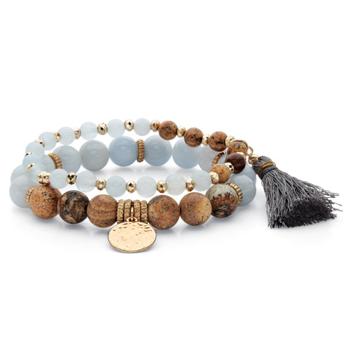 Grey and Brown Simulated Tiger's Eye Goldtone Beaded 2-Piece Fringe and Hammered Coin Stretch Bracelet Set 7"