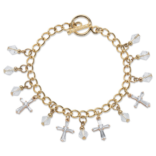 Cross and Round Crystal Goldtone Charm Toggle Bracelet 7.5"