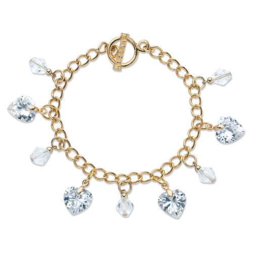 Heart-Shaped and Round Crystal Charm Toggle Bracelet in Goldtone 7.5"