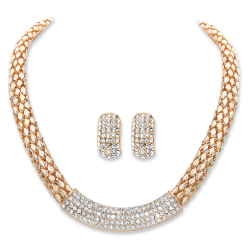 Round Crystal Goldtone 2-Piece Earring and Snake-Link Choker Necklace Set 17"-20"