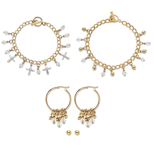 Crystal Heart Charm Bracelet Goldtone Bracelet and 3-Pc. Crystal Stud and Hoop Earring Set 7.5"