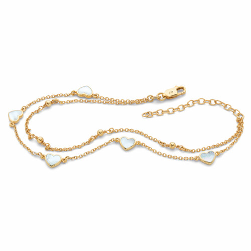 Heart-Shaped Genuine Mother-of-Pearl Charm Ankle Bracelet in 18k Gold-plated Sterling Silver 11"