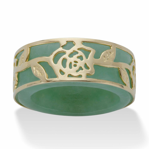 Genuine Green Jade Floral Overlay Ring Band in Gold-plated Sterling Silver
