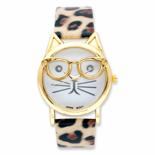 Fashion Cat Watch with White Face and Leopard Print Band in Goldtone 7.5"-9.5"