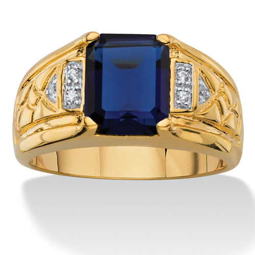 Men's 2.80 TCW Emerald-Cut Created Blue Sapphire and Diamond Accent 18k Gold-Plated Etched Ring