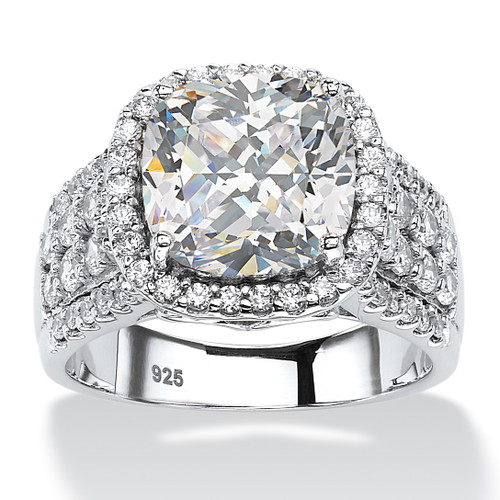 3.68 TCW Cushion-Cut and Pave Cubic Zirconia Halo Engagement Ring in Platinum-plated Sterling Silver