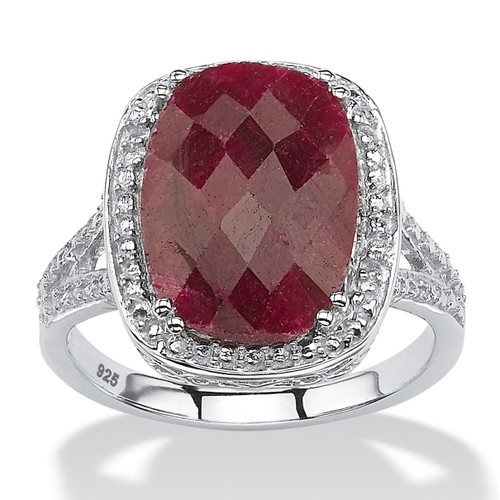 7.25 TCW Genuine Checkerboard-Cut Oval Ruby Ring in Rhodium-Plated Sterling Silver