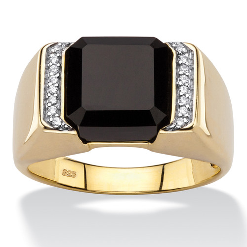 Men's Cushion-Cut Genuine Black Onyx and CZ Accent Classic Ring in 18k Gold-plated Sterling Silver