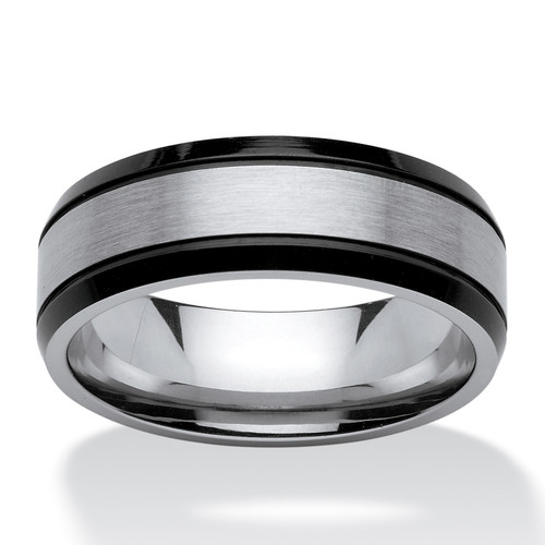 Men's Satin and Brushed Two-Tone Ring in Stainless Steel and Black Ion-Plated Stainless Steel
