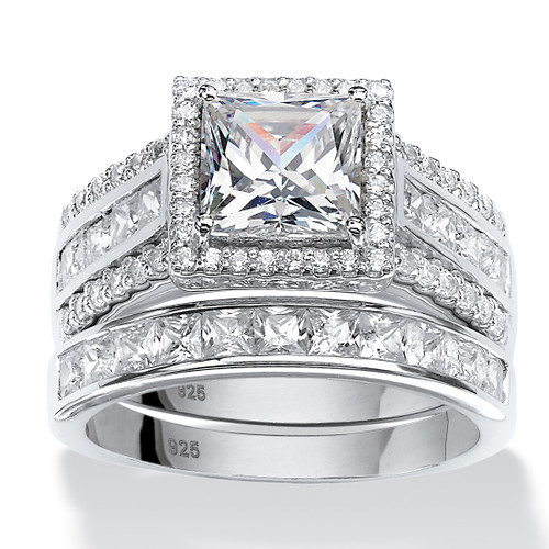 3.31 TCW Square Cubic Zironica Two-Piece Halo Bridal Ring Set in Platinum-plated Sterling Silver