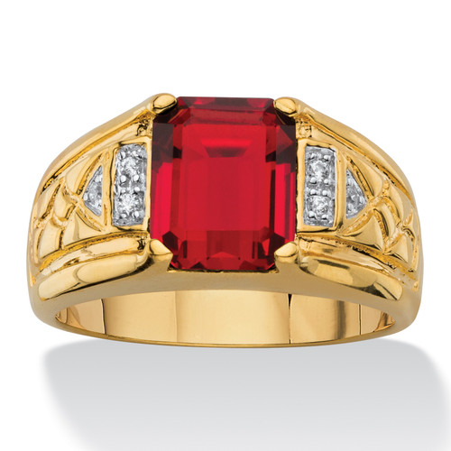 Men's 3.55 TCW Emerald-Cut Faceted Genuine Red Garnet and Diamond Accent Etched Ring 18k Gold-Plated