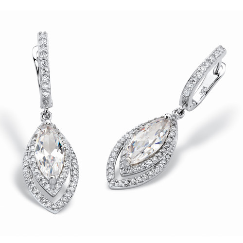 6.36 TCW Marquise-Cut and Pave Cubic Zirconia Double Halo Drop Earrings with Omega Backs in Silvertone 1.5"