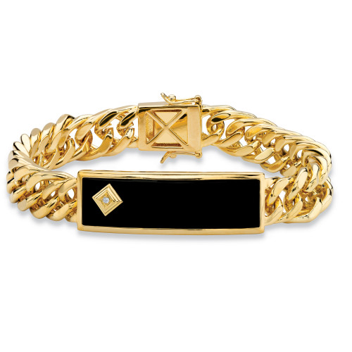 Men's Genuine Black Onyx and Diamond Accent Curb-Link Bracelet Gold-Plated 8"