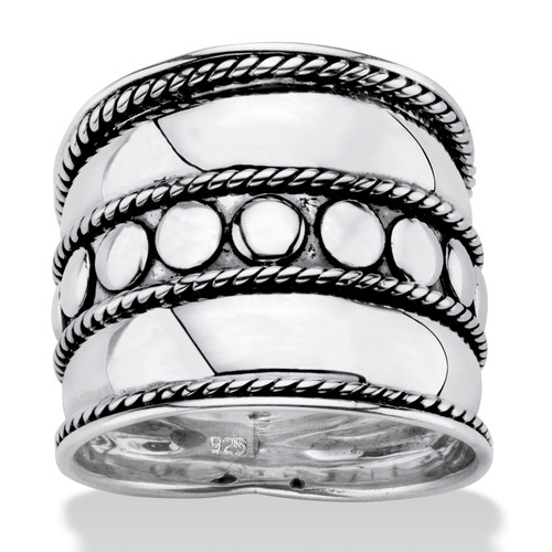 Bali Bohemian Wide Cigar Band-Style Ring Band in Antiqued .925 Sterling Silver with Rope Detailing