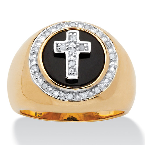 Men's 1/10 TCW Diamond and Bezel-Set Onyx Halo Cross Ring in 14 Gold over Sterling Silver
