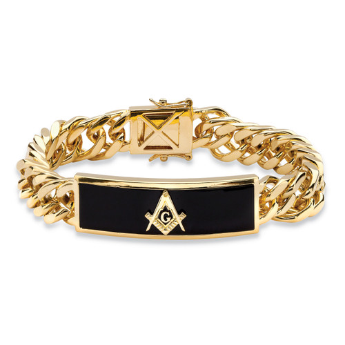 Men's Genuine Black Onyx Masonic Insignia Curb-Link Bracelet Gold-Plated 8"