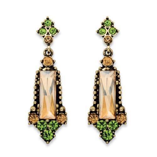 Baguette-Cut Champagne and Round Green Faceted Crystal Vintage-Style Drop Earrings in Antiqued Goldtone 2"