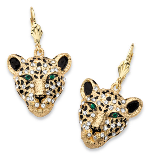 White Crystal Leopard Face Drop Earrings with Green Crystal Accents in Goldtone