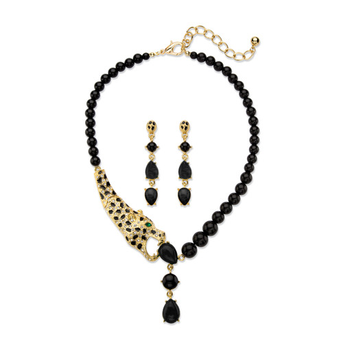 Genuine Black Onyx and Crystal  2-Piece Beaded Leopard Necklace and Drop Earrings Set (.30 TCW) in Goldtone 18"-22"
