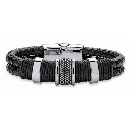 Men's Tribal Bracelet With Magnetic Clasp in Stainless Steel and Braided Black Leather 8"