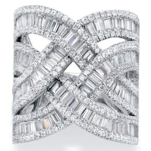 Tapered Baguette Cubic Zirconia Channel-Set Crossover Highway Ring 5.95 TCW in Platinum-plated Sterling Silver