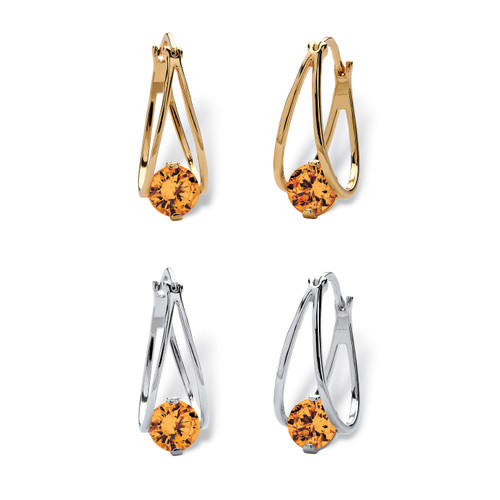 Simulated Birthstone Crystal Hoop Earrings 2-Pair Set in Silvertone and Goldtone 1/2"