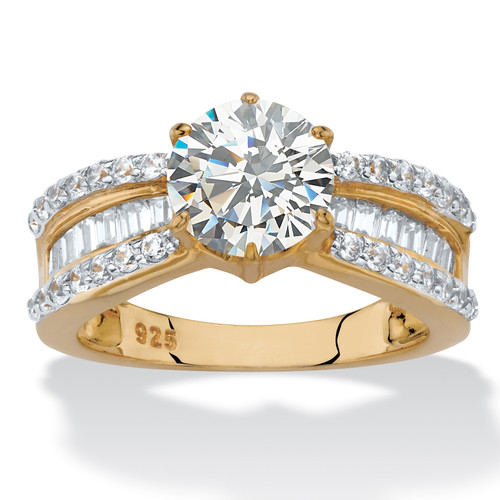 Round and Baguette-Cut Cubic Zirconia Engagement Ring 2.88 TCW in 18k Yellow Gold-plated Sterling Silver