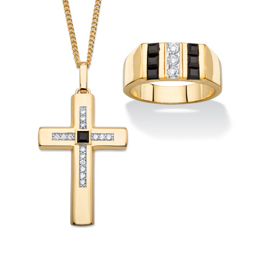 Men's Genuine Black Onyx and Cubic Zirconia 2-Piece Ring and Cross Pendant Necklace Set .69 TCW Gold-Plated 22"