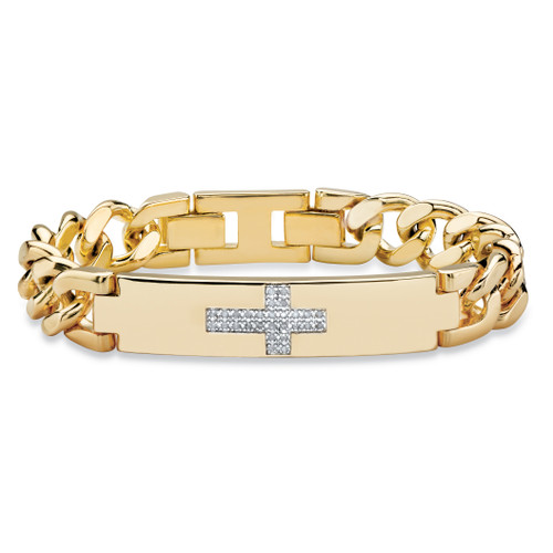 Men's 1/7 TCW White Diamond Horizontal Cross Curb-Link Bracelet Yellow Gold-Plated 9"