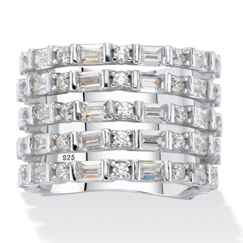 Baguette-Cut and Round Cubic Zirconia Multi-Row Cocktail Ring 4.70 TCW Platinum over Sterling Silver
