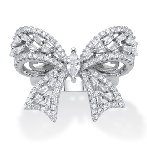 Marquise-Cut and Round Cubic Zirconia  Ribbon Bow Cocktail Ring 4.24 TCW Platinum-Plated