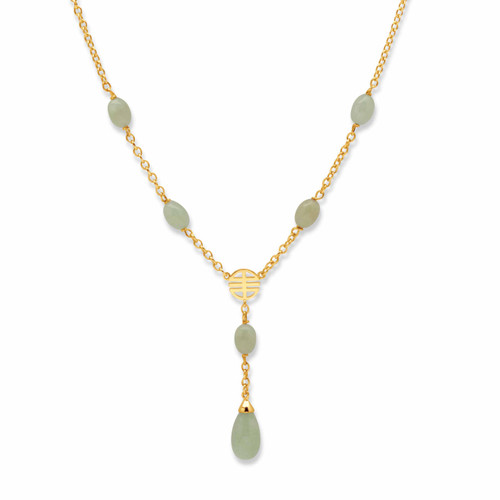 Pear-Cut and Oval-Cut Genuine Green Jade Y Drop Station Necklace Gold-Plated 17"