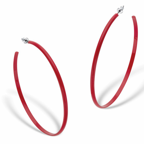 Red Enamel Open Hoop Earrings in Silvertone 2.75"