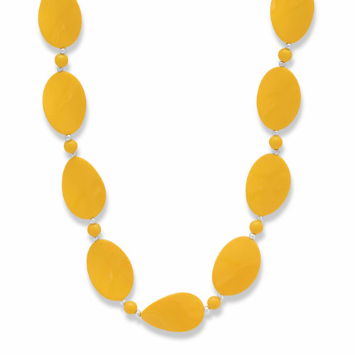 Yellow Mod-Style Lucite Cabochon Beaded Strand Necklace in Silvertone 28"