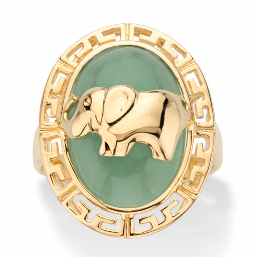 Genuine Green Jade Oval Dome Elephant Ring in 14k Gold over Sterling Silver