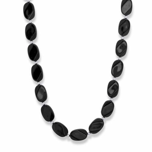 Oval Black Cabochon Lucite Bead Strand Necklace in Silvertone 28"