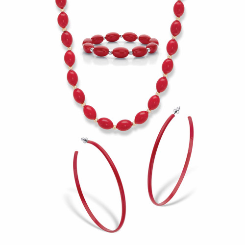 Red Enamel and Lucite Earring and Bracelet Set 7" Silvertone BONUS: Buy the Set, Get the Necklace FREE! Goldtone 23"