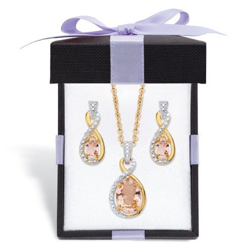 2.90 TCW Simulated Pink Morganite and Diamond Accent Necklace and Earring Set in 18k Gold-plated Sterling Silver 18"