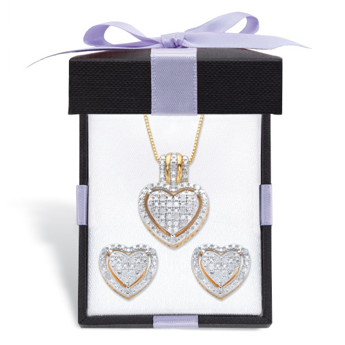 Round Diamond Heart-Shaped Floating Halo Necklace and Earring Gift-Boxed Set 1/4 TCW in 18k Gold-plated Sterling Silver 18"