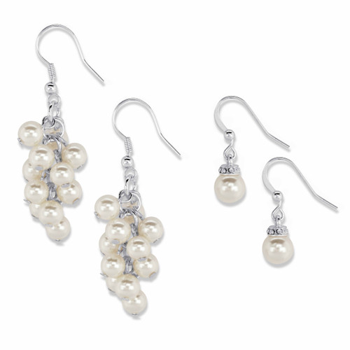 Crystal and Simulated Pearl 2-Pair Chandelier Cluster and Drop Earring Set in Silvertone (8mm)