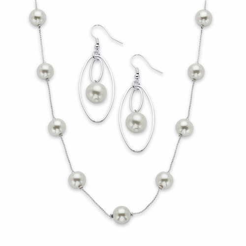 White Simulated Pearl 2-Piece Beaded Station Necklace and Oval Drop Earring Set in Silvertone 18"-21"