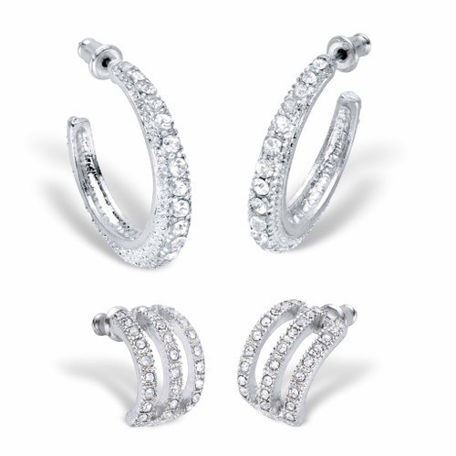 Round Crystal Silvertone 2-Pair Hoop Earring Set (1/2" - 1 1/8")