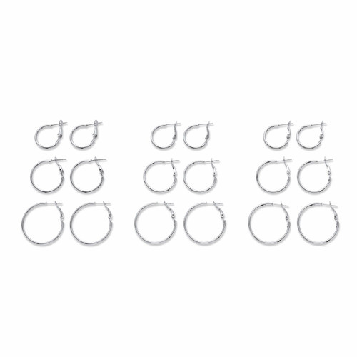 Polished 9-Pair Hoop Earring Set in Silvertone (3/4" - 1 3/16")