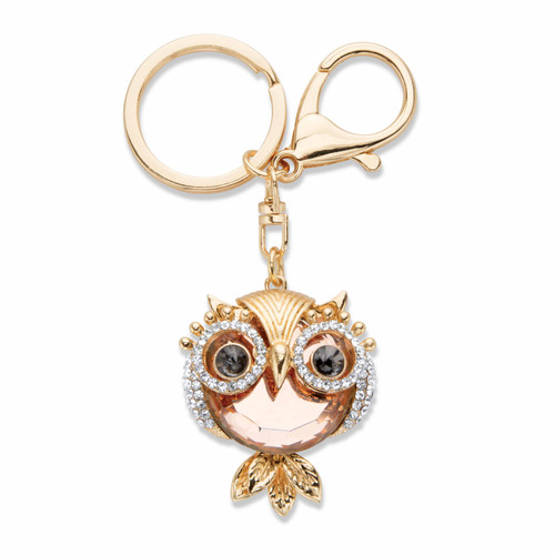 Peach, Black and White Crystal Owl Key Ring in Goldtone 4 1/3"