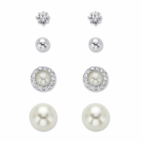 Crystal and Simulated White Pearl 4-Pair Ball Stud Earring Set in Silvertone (6mm - 12mm)