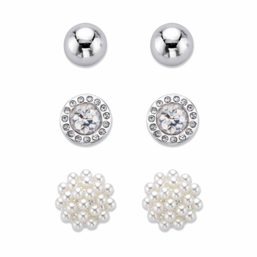 Simulated Pearl and Crystal 3-Pair Cluster Ball and Stud Earring Set in Silvertone 8mm-10mm