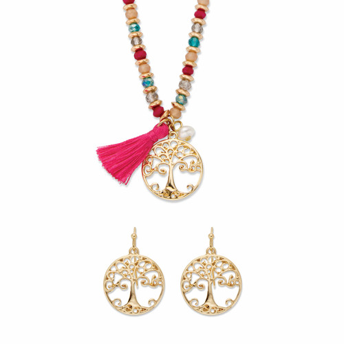 Multi-Color Beaded Crystal and Simulated Pearl Tree of Life 2-Piece Necklace and Earring Set in Goldtone 19"-21"